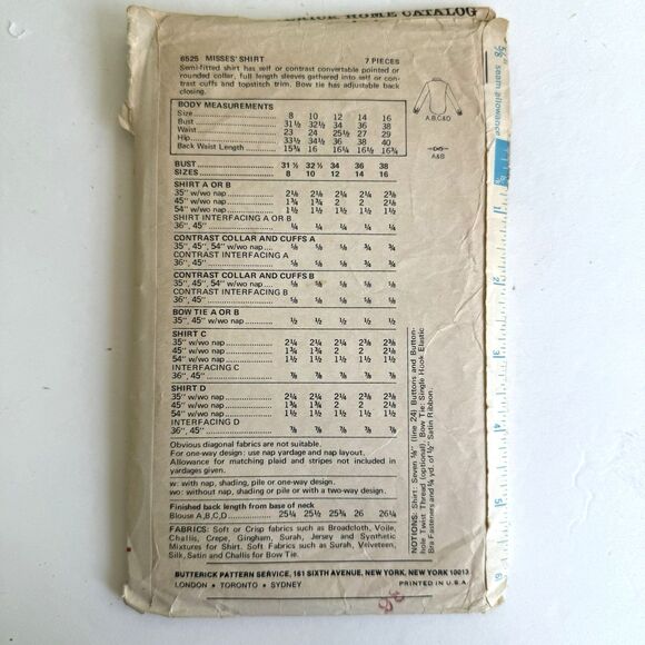 Vtg 70s Butterick 6525 Sz 14 Bust 36 Shirt Blouse Sewing Pattern Pointed Collar - Picture 4 of 5